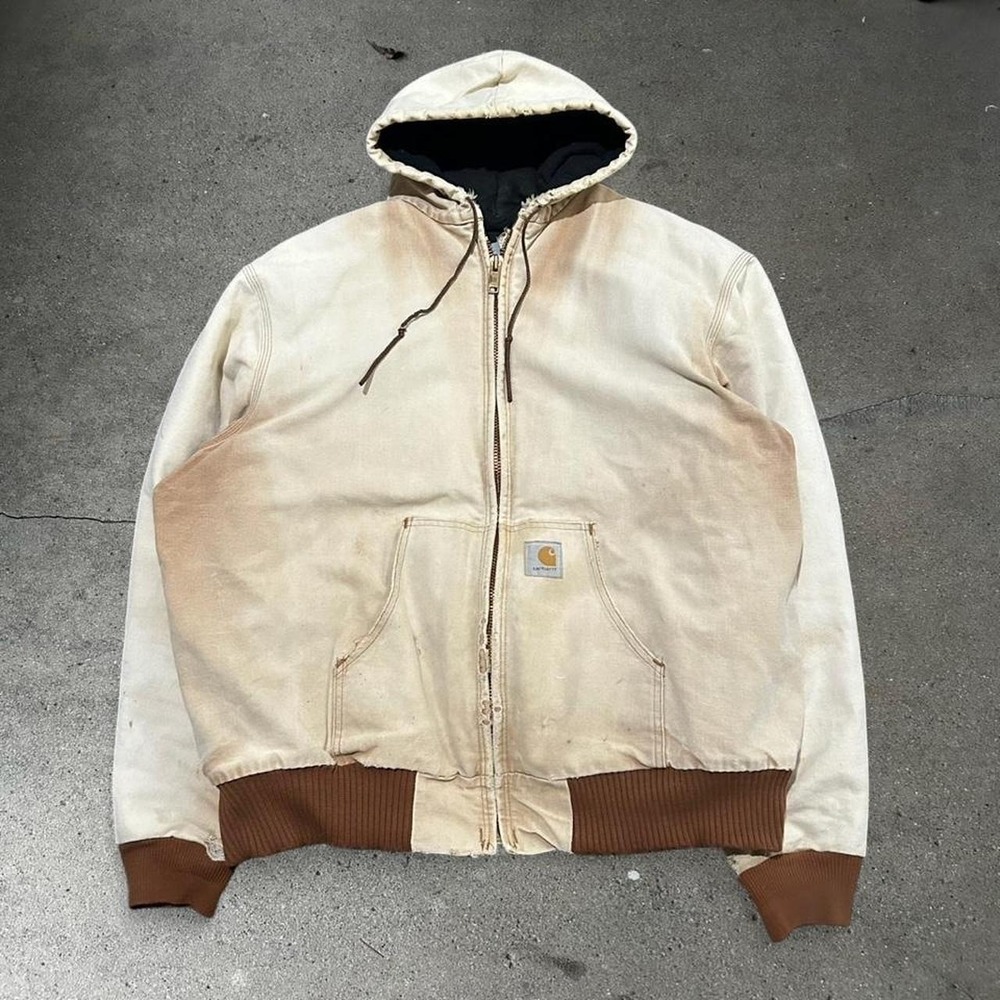 Vintage Carhartt faded light brown distressed hooded workwear jacket Size XL